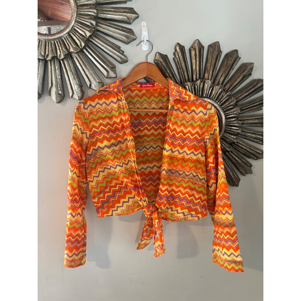 Gideon Oberson 70s Chevron Crop Top Retro Tie Front Festival Boho